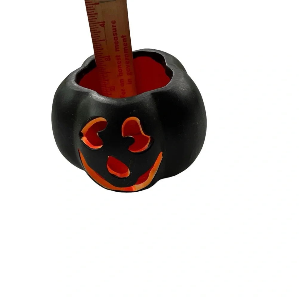 Ceramic Halloween Pumpkin Candle Holder  Black And Orange Scary Face Table Top